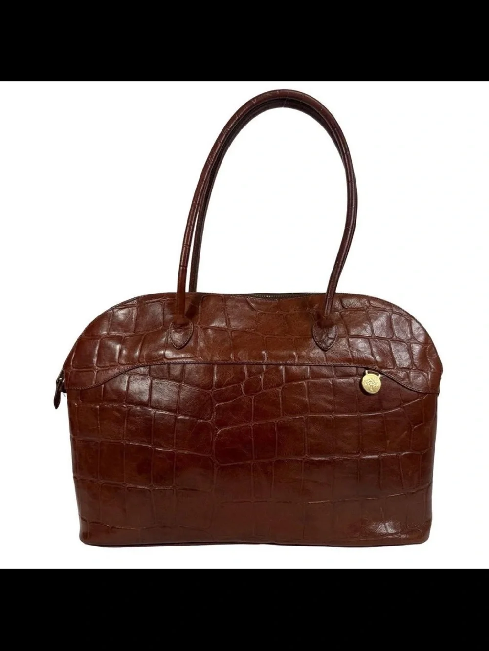 Mulberry Croc-Embossed Leather Shoulder Bag in Dark Brown